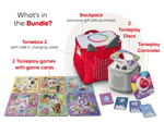 
What’s in the bundle? Toniebox 2, tonieplay controller, tonies original tonieplay game, USC-C charging cable and exclusive red toniebox 2 backpack