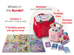 
What’s in the bundle? Toniebox 2, tonieplay controller, tonies original tonieplay game, USC-C charging cable and exclusive red toniebox 2 backpack