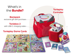 What’s in the bundle? Toniebox 2, tonieplay controller, tonies original tonieplay game, USC-C charging cable and exclusive red toniebox 2 backpack