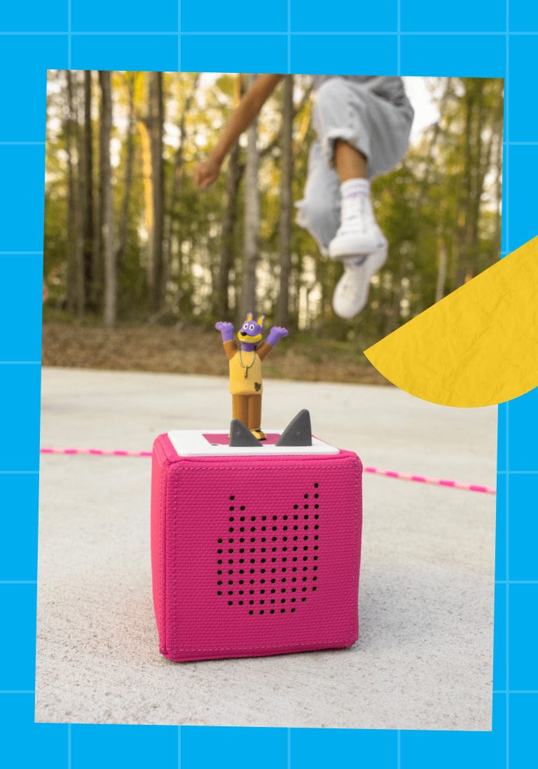 doggyland tonie on a pink toniebox outside for screen free play