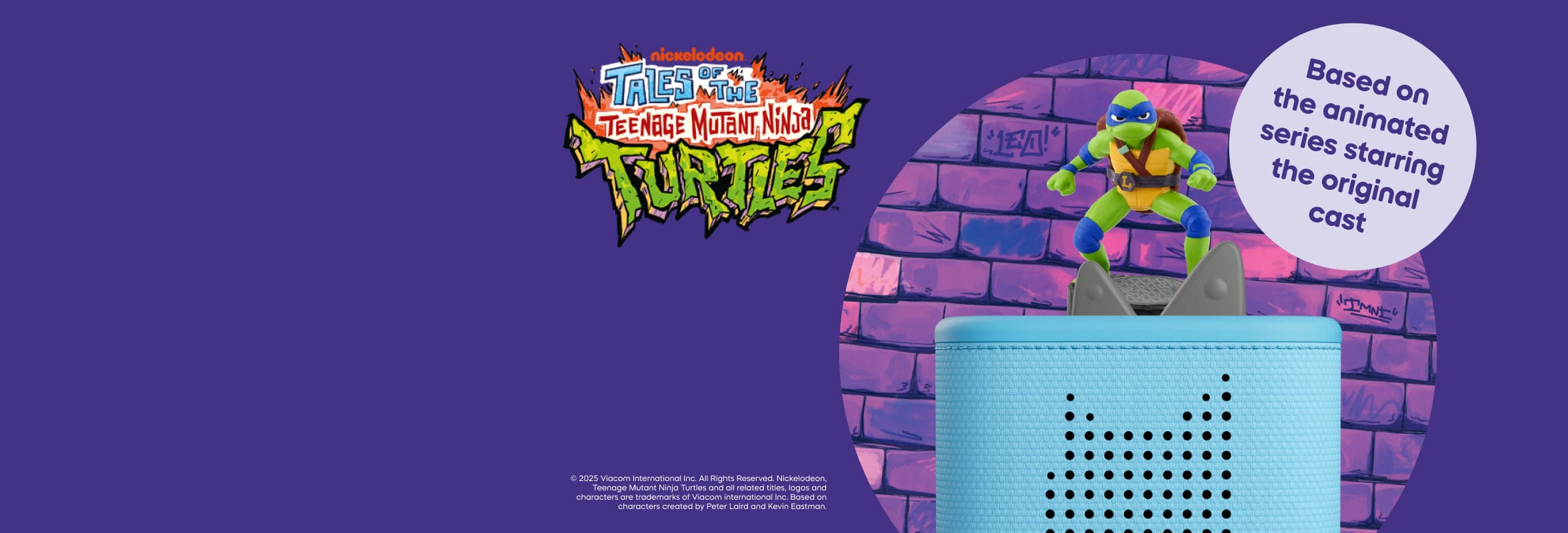 Teenage Mutant Ninja Turtles Leonardo Tonie on a blue toniebox 2 with a brick background