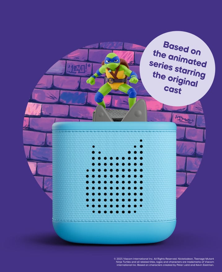 Teenage Mutant Ninja Turtles Leonardo Tonie on a blue toniebox 2 with a brick background