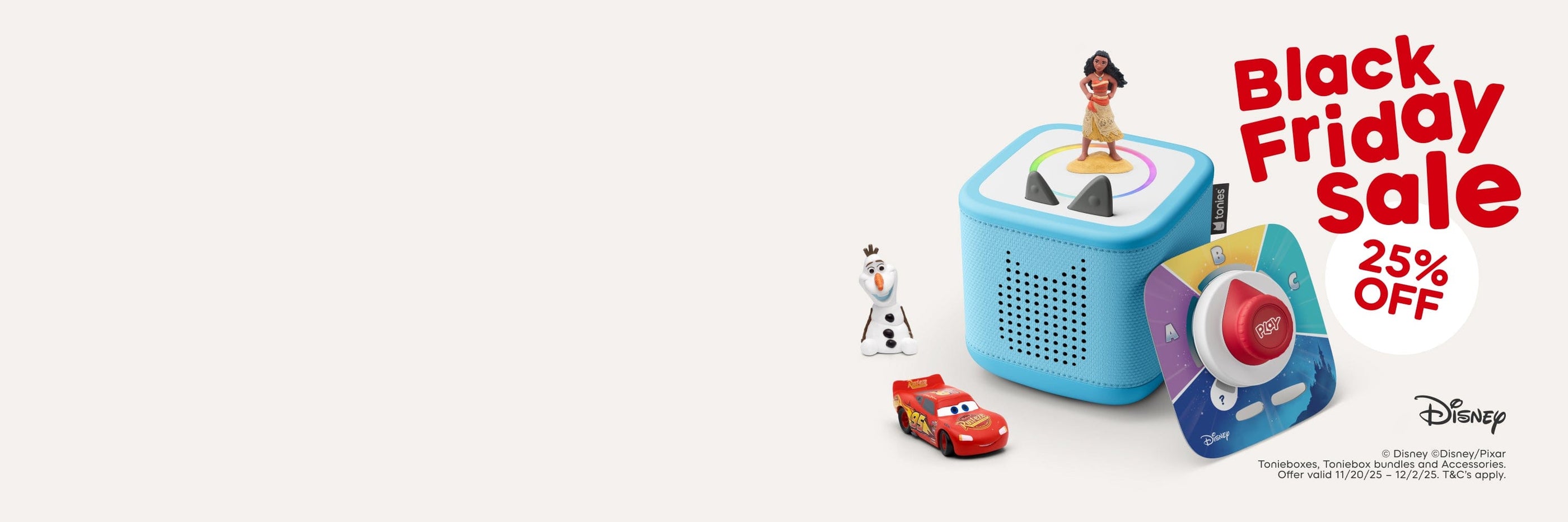 Blue Toniebox 2 with Tonies and Tonieplay Game with text "Black Friday Sale 25% Off"