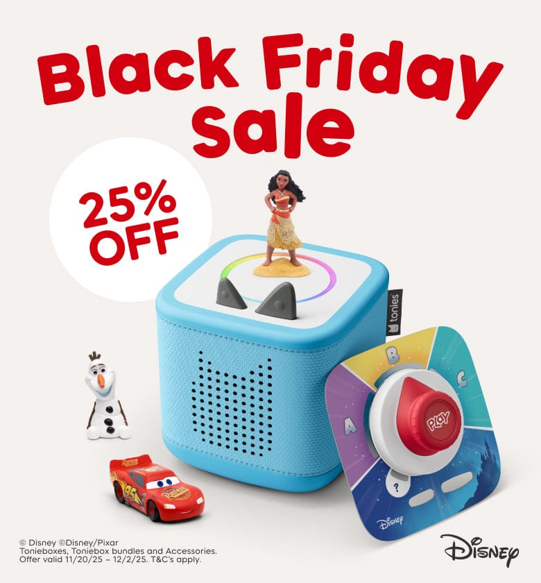 Blue Toniebox 2 with Tonies and Tonieplay Game with text "Black Friday Sale 25% Off"