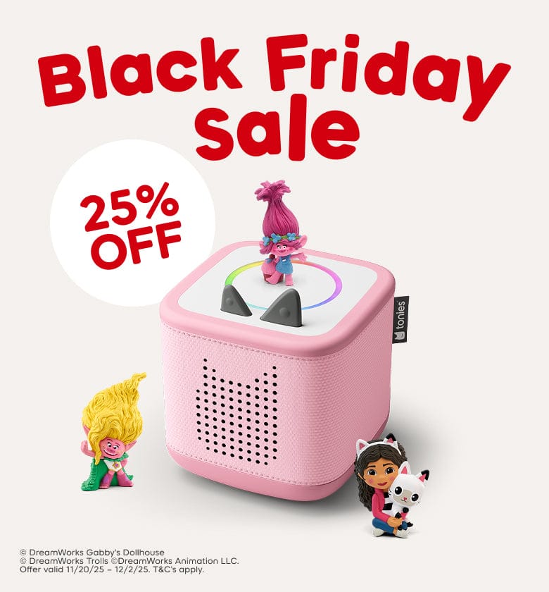 Pink Toniebox 2 with Tonies with text "Black Friday Sale 25% Off"