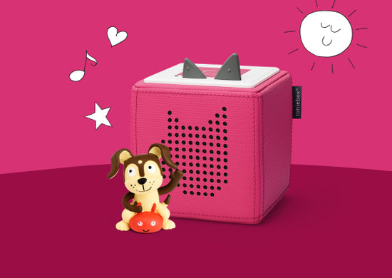 pink toniebox on a pink background with the playtime puppy tonie