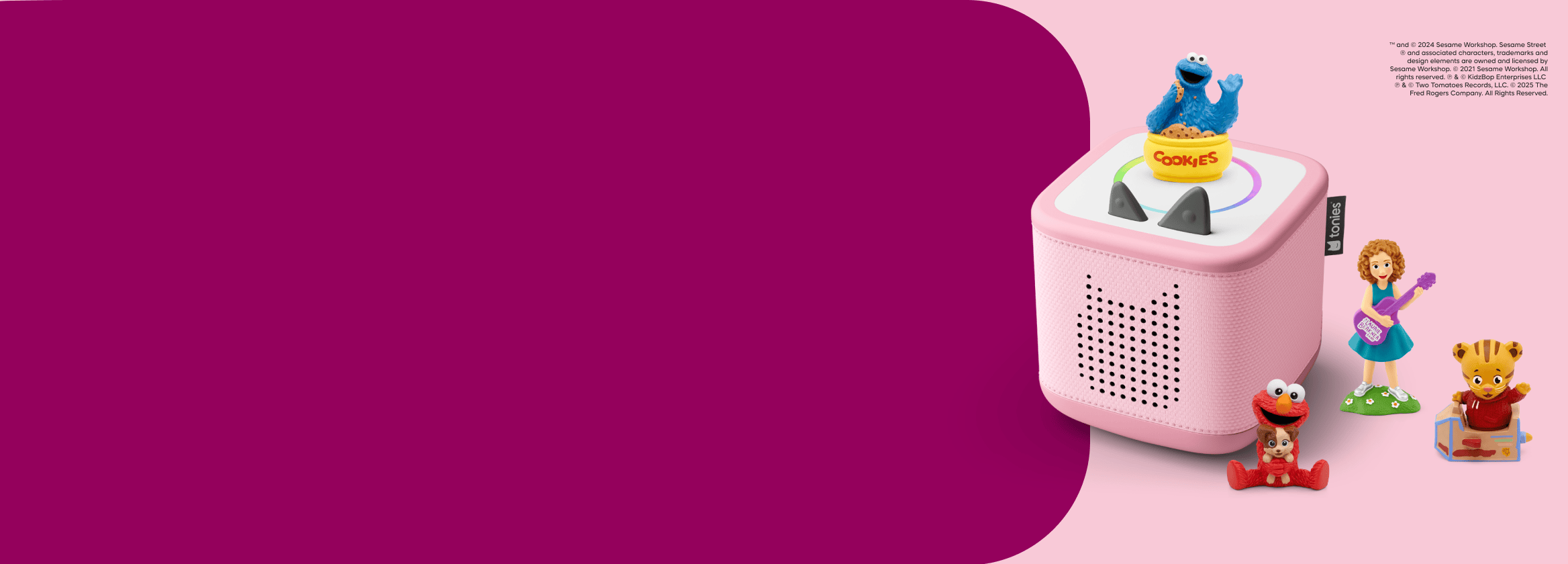 Pink Toniebox 2 with a collection of Tonies