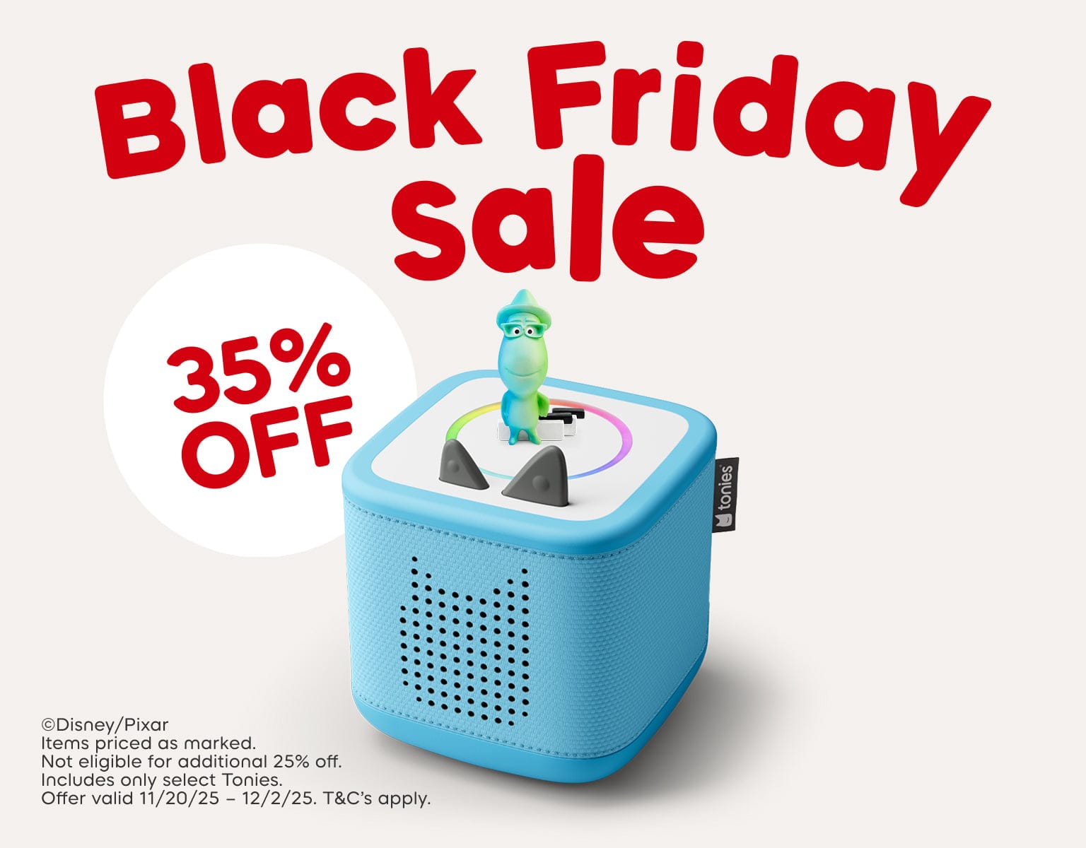 Blue Toniebox 2 with Tonie and text stating Black Friday Sale 35% off