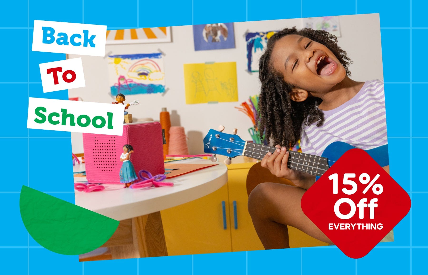 A girl listening to her pink Toniebox to promote our Back to School sale with 15% off sitewide.
