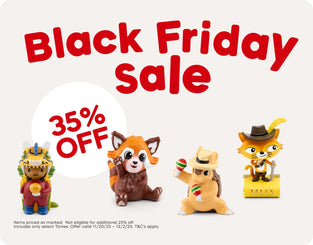 Black Friday Sale 35% off text with four Tonies
