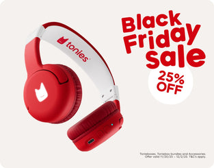 red tonies bluetooth headphones with text "Black Friday Sale 25% Off"