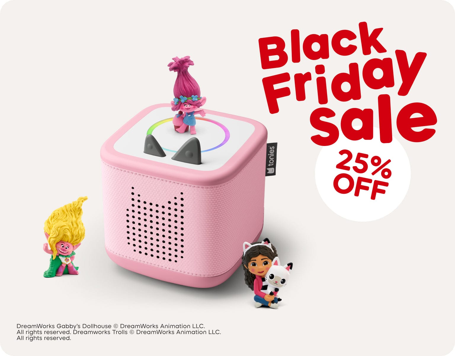 Pink Toniebox 2 with select Tonies and text "Black Friday Sale up to 25% off"