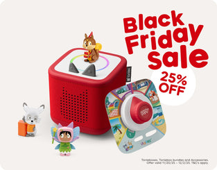 Red Toniebox 2 with select Tonies and Tonieplay Game with text "Black Friday Sale up to 25% off"