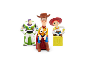 Three toy figures of Buzz Lightyear, Woody, and Jessie on a white background