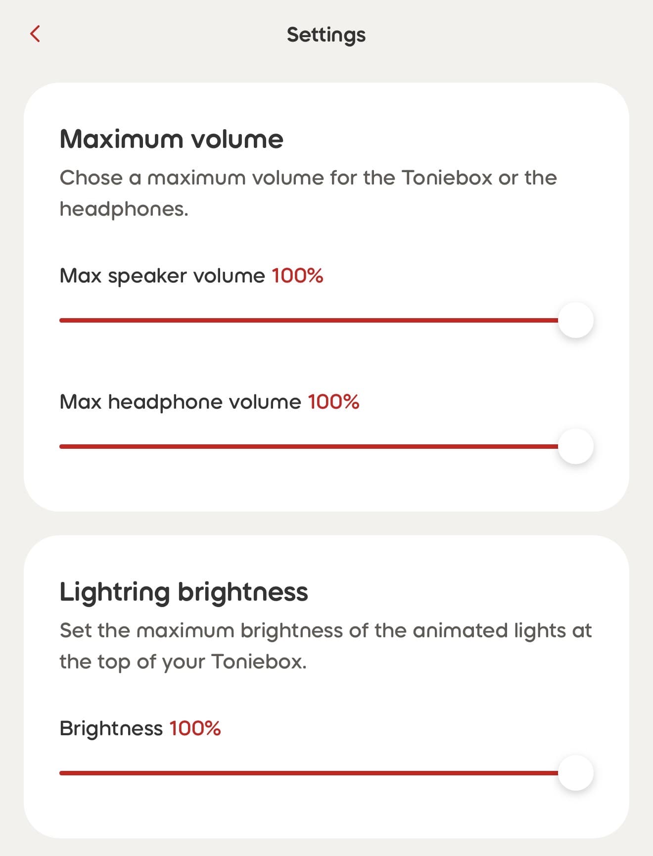 Settings screen for controlling volume and brightness on Toniebox 2, with options to set maximum volume and brightness.